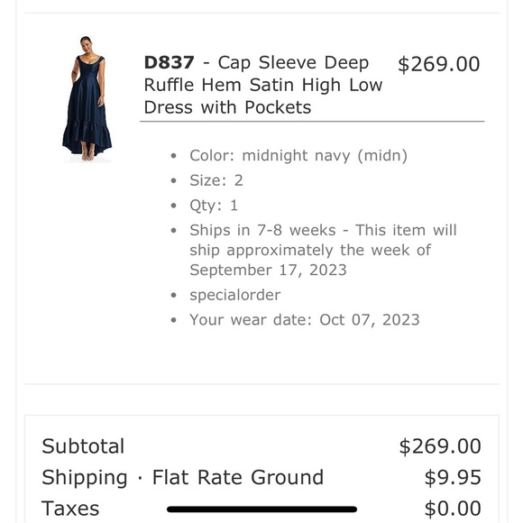 Alfred Sung Cap Sleeve Deep Ruffle Hem Satin Dress with Pockets - Navy - Size 2 - Picture 3 of 3